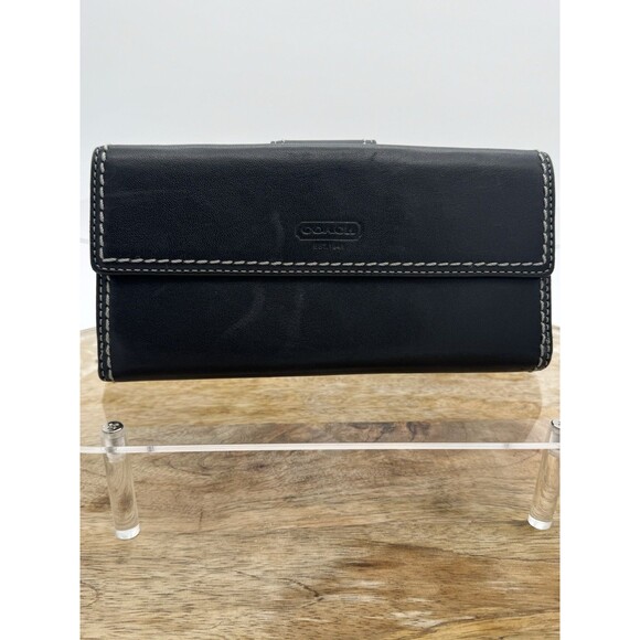 COACH BLACK GENUINE LEATHER BIFOLD SNAP WALLET Silver Turn  Key Lock Credit Card - Picture 5 of 11